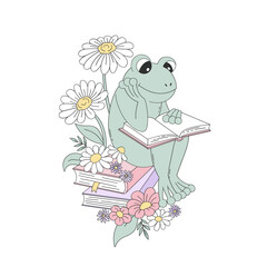 Whimsical Cute Frog reading on a Daisy flowers Decorated Book Stack Vector Illustration isolated on white in Retro Pastel Style. Perfect for spring reading projects, childrens books, stationery
