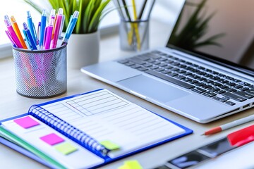 A modern desk setup with a planner, gel pens, sticky tabs, and an open laptop in the corner, symbolizing a perfect blend of technology and traditional stationery.