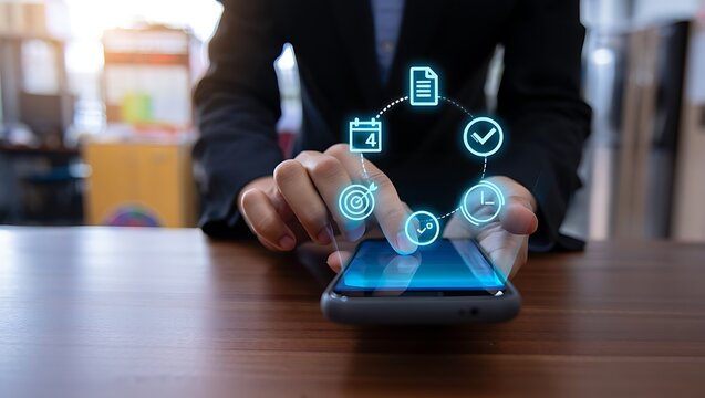 Person using a smartphone with a digital interface showing icons for calendar target document checkmark and clock representing business planning and task management - Powered by Adobe