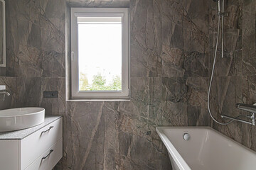 Modern bathroom interior in minimal scandinavian style, 3d render