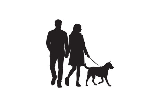Silhouette of a couple walking a dog holding hands on a white background representing companionship love and the joy of pet ownership