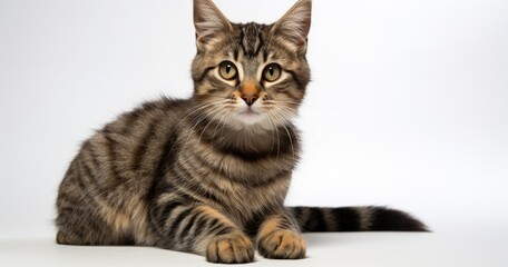 Adorable Long-Haired Tabby Kitten Lying Down on a White Background