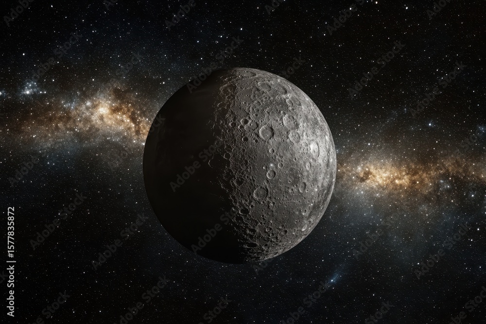 Poster spinning moon sphere surrounded by galaxy in vast space with solar system elements, spinning moon sp