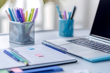 A modern desk setup with a planner, gel pens, sticky tabs, and an open laptop in the corner, symbolizing a perfect blend of technology and traditional stationery.