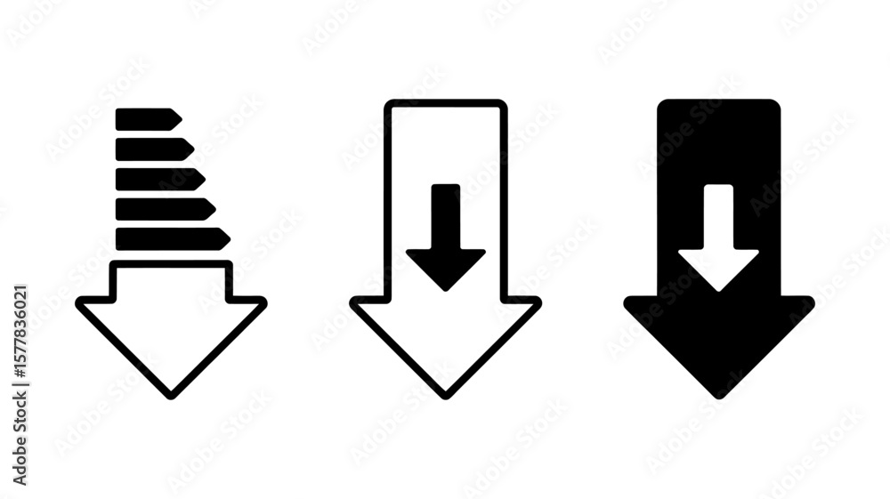 Poster vector art of a set of downward pointing arrow icons isolated on white background, representing dire