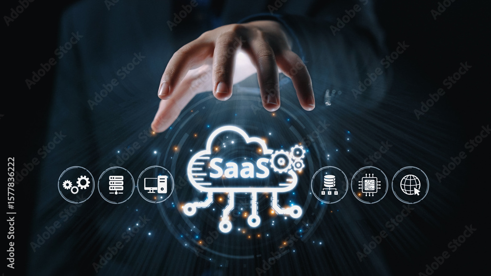Poster visual representation of saas showing infrastructure, saas deployment, saas platform features, and s