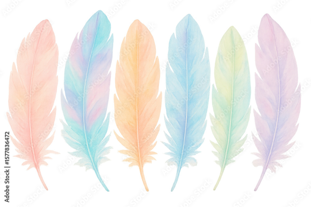 Poster pastel feathers floating delicately, creating ethereal composition with soft texture and transparent
