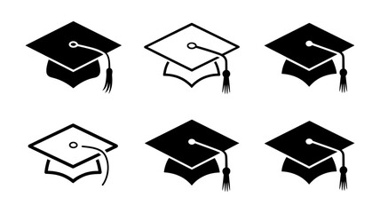 Vector art of a set of graduation cap icons represents academic achievement and the pursuit of higher education isolated on white background