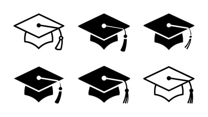 Vector art of various graduation cap icons symbolize academic success and the completion of studies isolated on white background