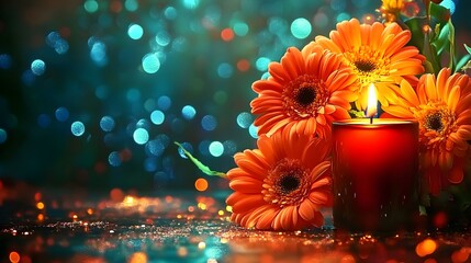 Burning Candle with Orange Gerbera Daisies Romantic Still Life