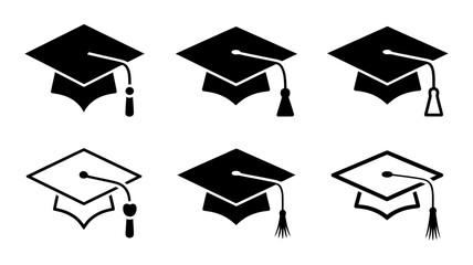 Vector art of a collection of graduation cap icons represents educational attainment and scholarly achievement isolated on white background