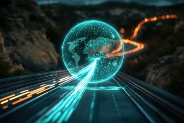 Digital globe hologram displays global connectivity and modern technology at night, digital globe is presented in the form of a hologram emitting a light effect, traffic information