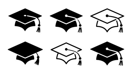 Vector art of a variety of graduation cap icons symbolize the culmination of academic efforts and the start of new beginnings isolated on white background