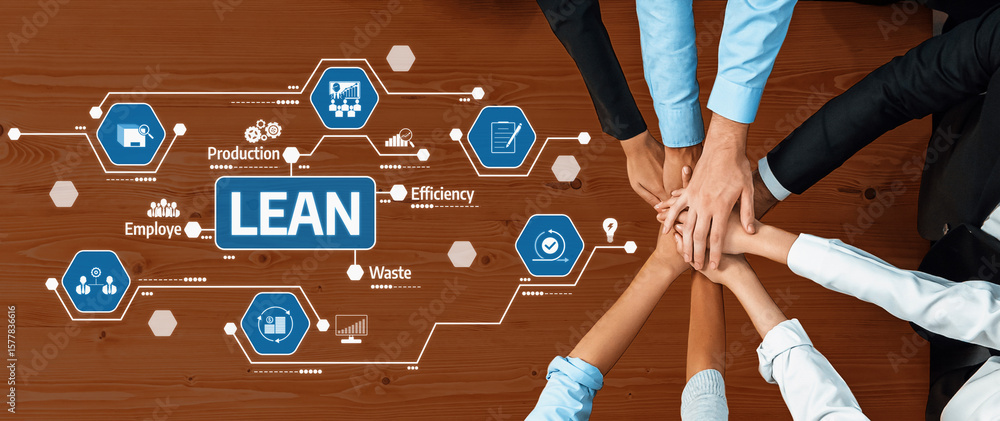 Poster a diverse team collaborates in a lean management setting, focusing on improving efficiency and produ