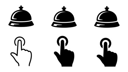 Vector art of a set of service bell icons with a hand pressing the button, isolated on white background