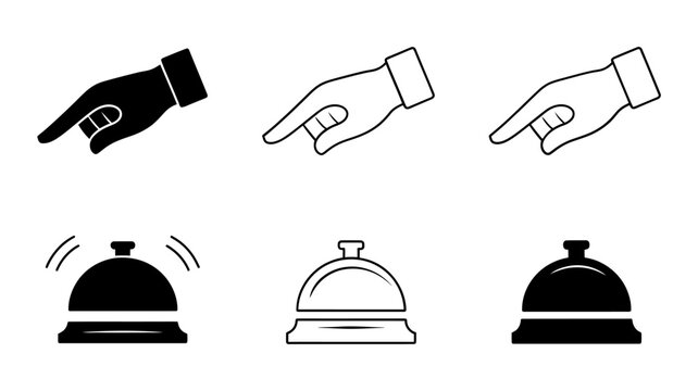 Vector art of a collection of service bell and pointing hand icons, isolated on white background