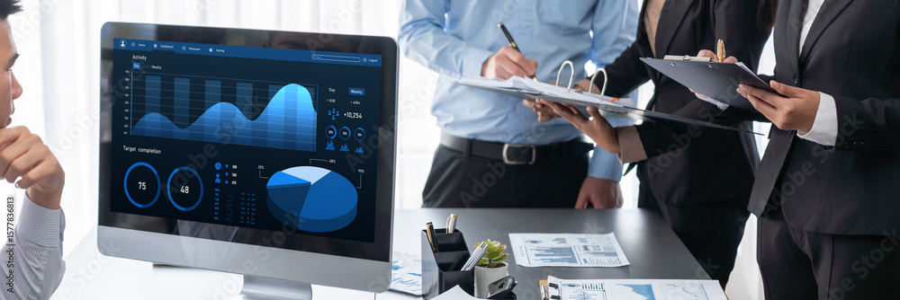 Poster business intelligence and data analysis concept. analyst team working on financial data analysis das