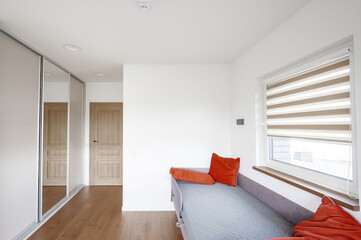Modern luxury bedroom interior in minimal scandinavian style, 3d render