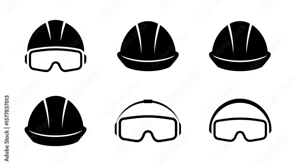 Poster vector art of a set of safety helmets and goggles for construction workers in various designs isolat