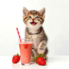Ultra-Realistic Chibi Cat Holding Strawberry Juice in Digital Art Style