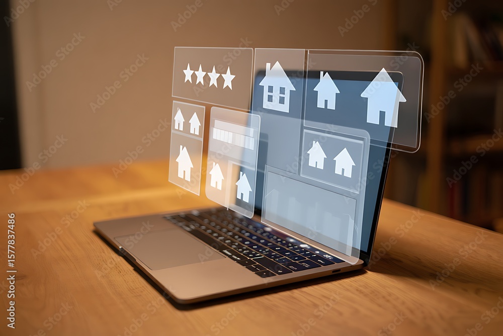 Poster digital interface displaying house icons and star ratings projected holographically above a modern l