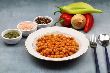 Chickpeas or Nohut, a traditional Turkish dish, ready to be eaten on the table.
