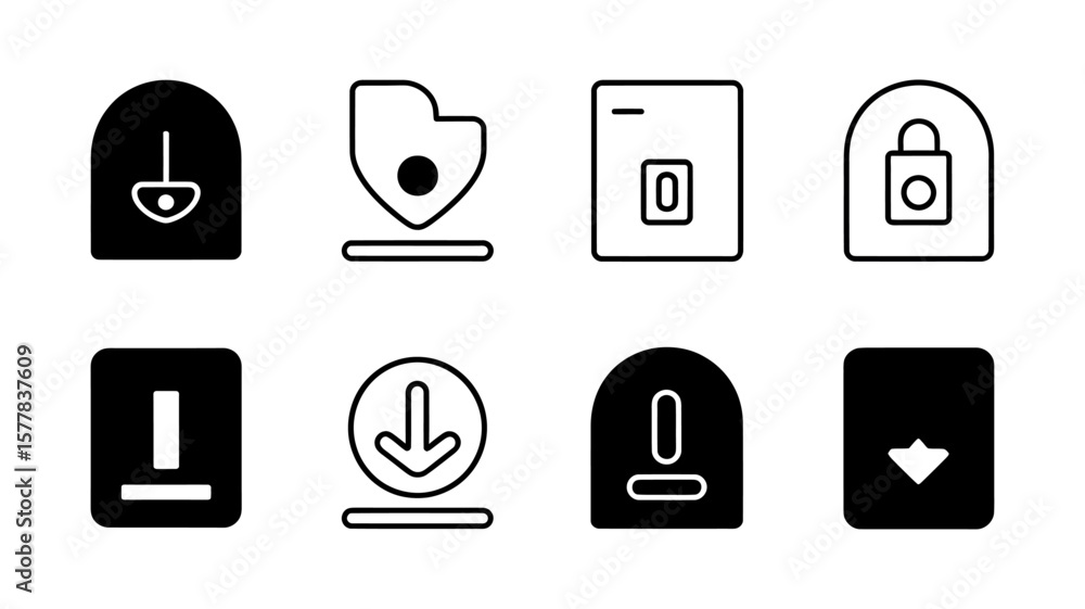 Poster vector art of collection of download and security icons isolated on white background, representing d