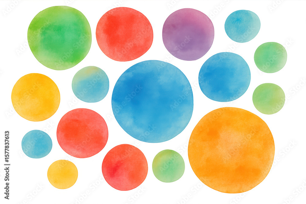 Poster set of colorful watercolor circles of different sizes creating a vibrant and cheerful design element