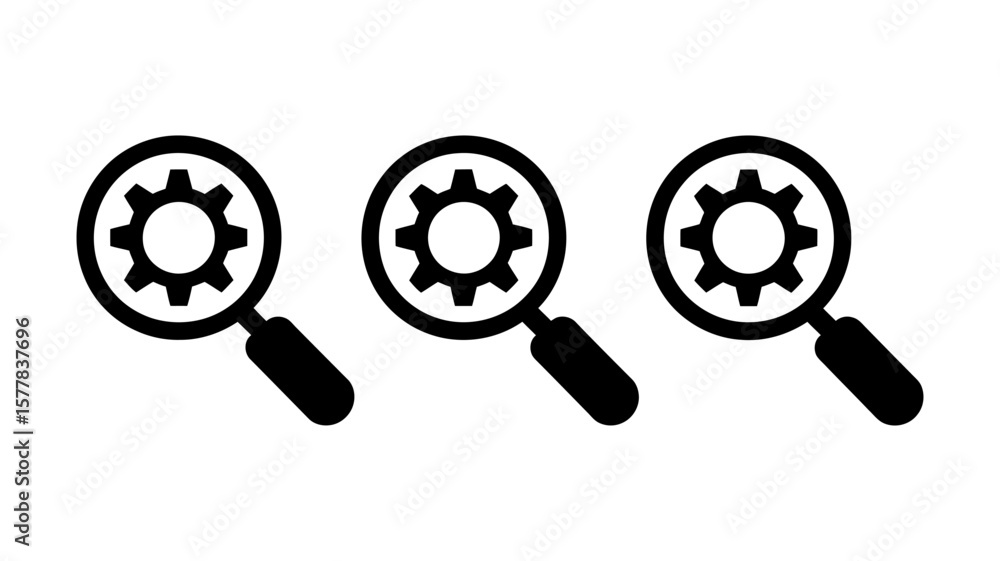 Poster vector art of magnifying glass icons with gear, isolated on white background, representing search se