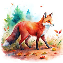 Watercolor Illustration of Red Fox Walking Through Forest Floor with Leaves