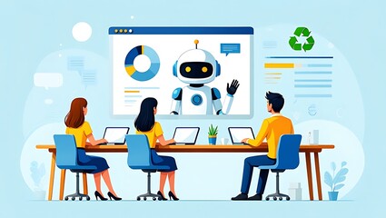 Futuristic Business Meeting with Robot Presentation and Charts, Team Collaboration and Artificial Intelligence Concept