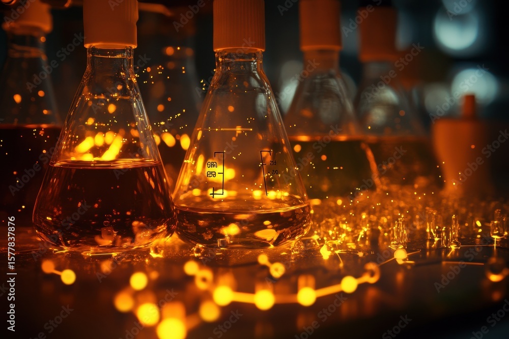 Poster researcher analyzes chemical formulas and processes with illuminated glassware in a lab, chemical fo