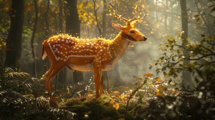Fantasy Fawn with Antlers and Feathered Wings in a Sunlit Forest