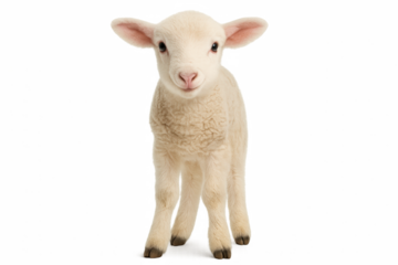 Young lamb standing and looking at the camera on white background  