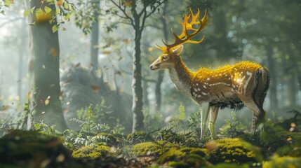Fantasy Fawn with Antlers and Feathered Wings in a Sunlit Forest