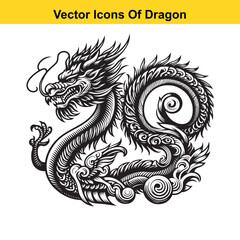 Fototapeta premium Western-Style Dragon Curled in Resting Pose – Black and White Line Art