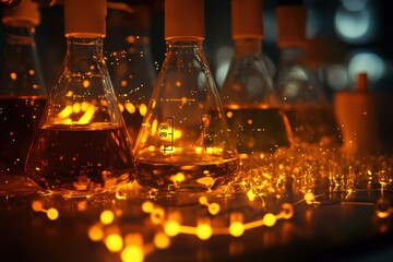 Researcher analyzes chemical formulas and processes with illuminated glassware in a lab, chemical formula and data processing over scientists doing experiment