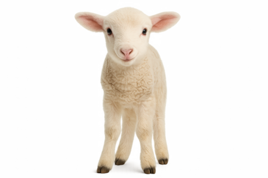 Young lamb standing and looking at the camera on white background  