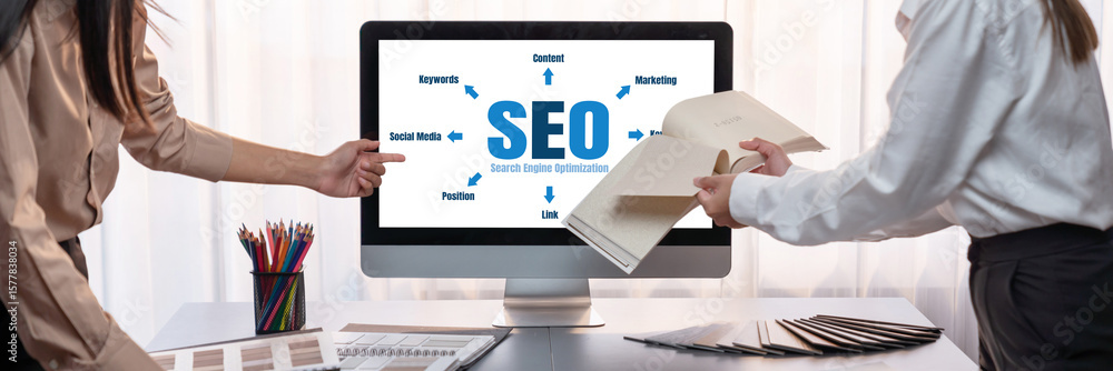 Poster seo search engine optimization for brisk e-commerce and online retail business showing on computer s