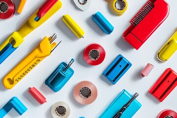A modern flat lay of staplers, hole punchers, and tape dispensers in bold primary colors, positioned dynamically on a crisp white background.
