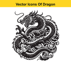 Western-Style Dragon Curled in Resting Pose &ndash; Black and White Line Art

