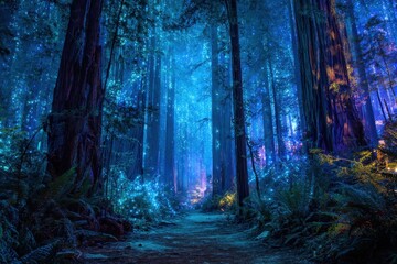 Obraz premium Enchanting Blue Redwood Forest Path at Night.