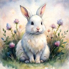 Watercolor Illustration of Fluffy White Rabbit Sitting in a Meadow