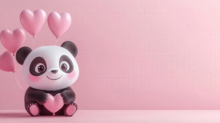 A cute panda bear holding a heart with pink heartshaped balloons