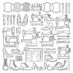 Line art illustration of shoemaking tools and footwear designs