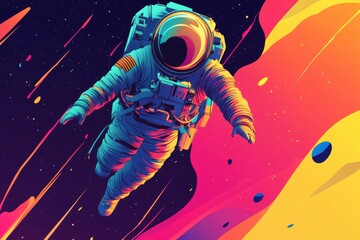 Fototapeta premium Astronaut confidently flies through vibrant cosmic space amidst colorful celestial elements, An Astronaut in a spacesuit confidently flying through space and time