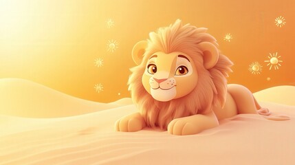 A cute cartoon lion cub is lying down on a sandy surface