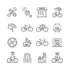 Naklejka premium Line art icons depicting bicycles and related equipment and services