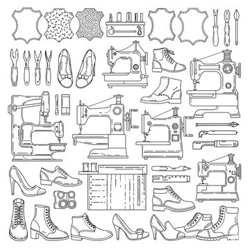 Line art illustration of shoemaking tools and footwear designs