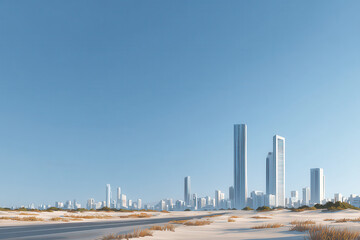 photorealistic ultraminimalist urban landscape featuring sleek architectural lines and serene atmosphere